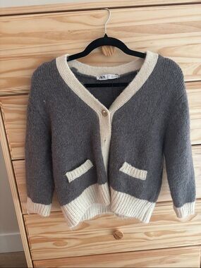 ZARA Gray & Cream Contrast-Trim Wool Blend Cardigan